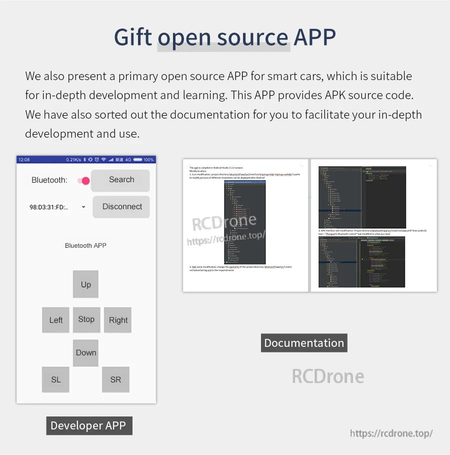 Open source smart car developer app screenshot with Bluetooth controls and linked documentation code pages