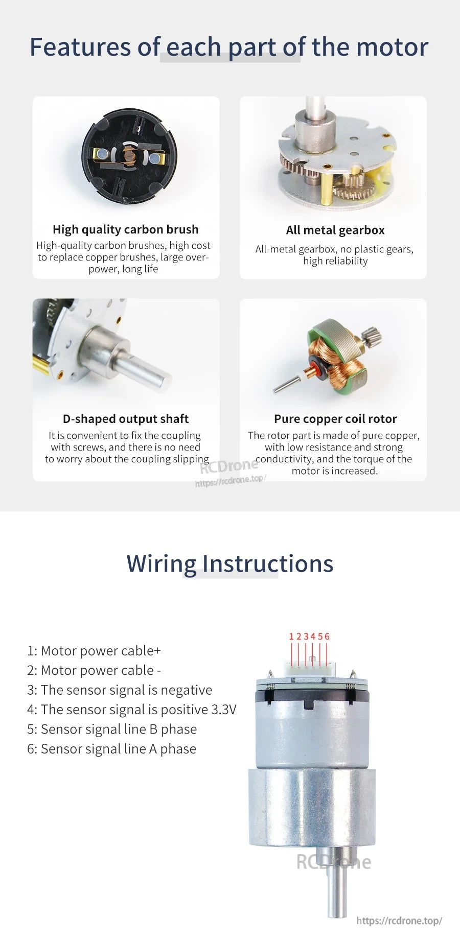 MD520 12V DC gear motor infographic showing metal gearbox, D-shaped shaft, and 6-pin encoder wiring diagram