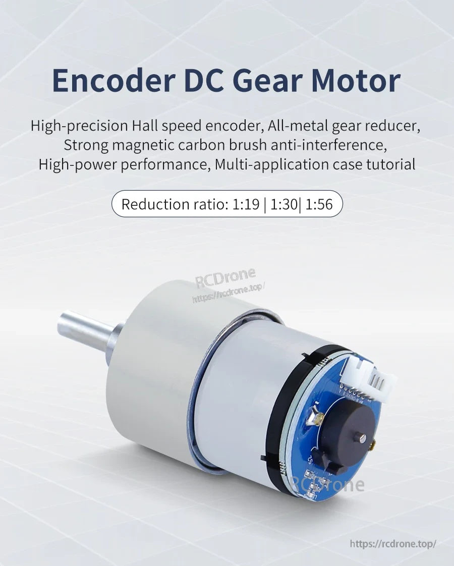 MD520 encoder DC gear motor highlight: Hall speed encoder, all-metal gear reducer, ratios 1:19/1:30/1:56