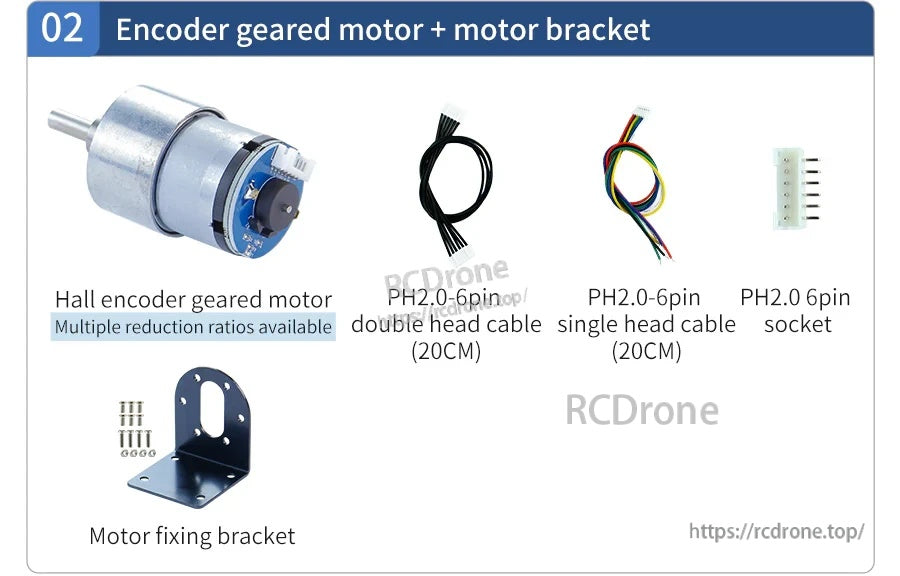 12V DC geared motor with Hall encoder, mounting bracket, PH2.0 6‑pin cables and socket included