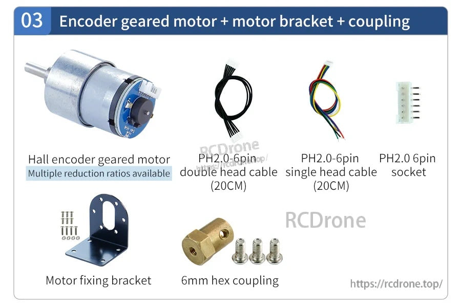 DC geared motor with Hall encoder kit including motor bracket, 6mm hex coupling, PH2.0 cables and socket