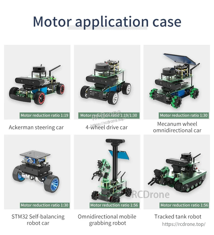 Motor application case examples: Ackerman car, 4-wheel drive, Mecanum car, self-balancing robot, tracked tank
