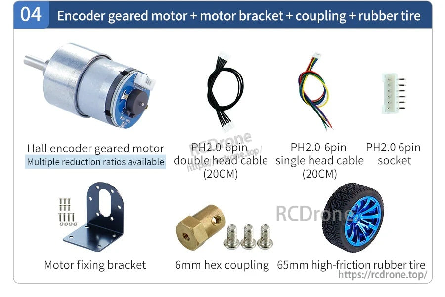 DC geared motor with Hall encoder kit including mounting bracket, 6mm coupling, cables, socket and rubber tire