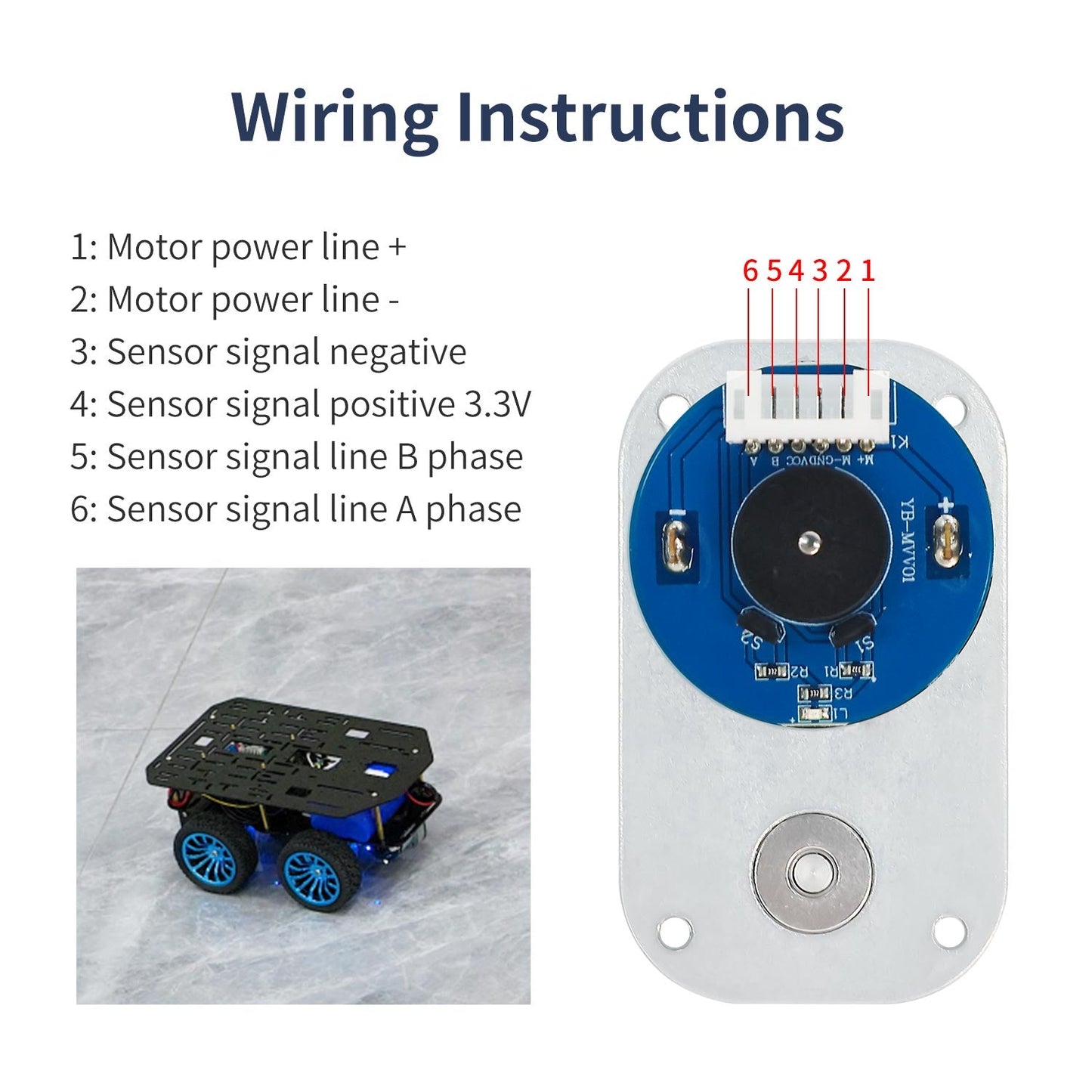 Wiring instructions diagram showing 6-pin encoder connector pinout for motor power and Hall signals