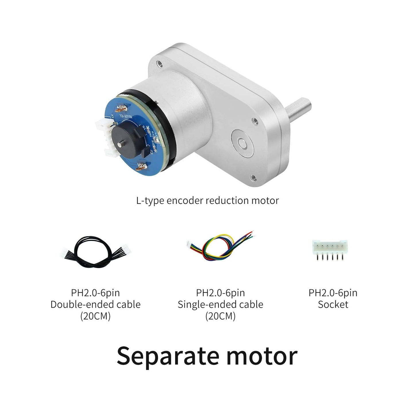 Separate motor package: L-type encoder reduction motor with PH2.0 6-pin cables and socket