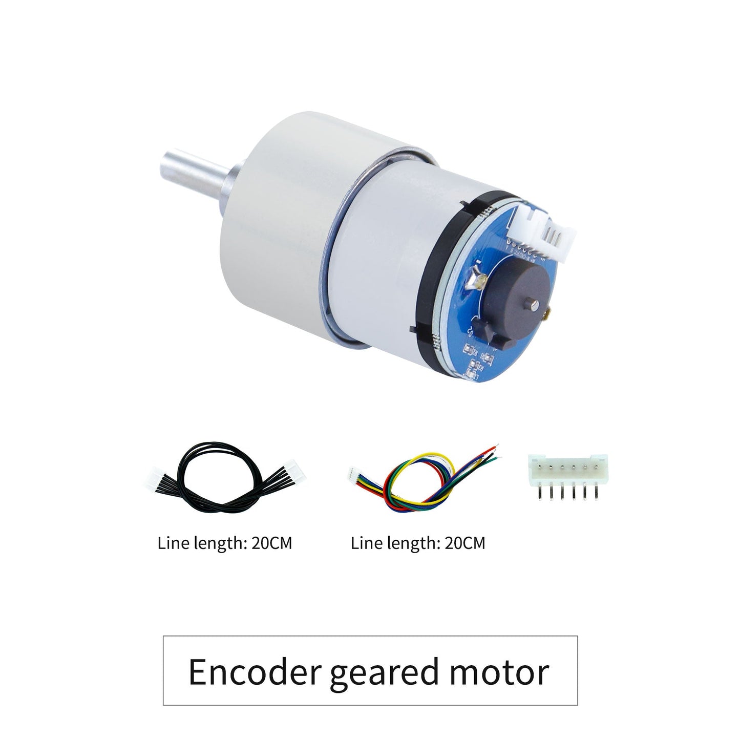 Encoder geared motor kit contents: motor, 20cm black cable, 20cm multicolor cable and 6-pin connector