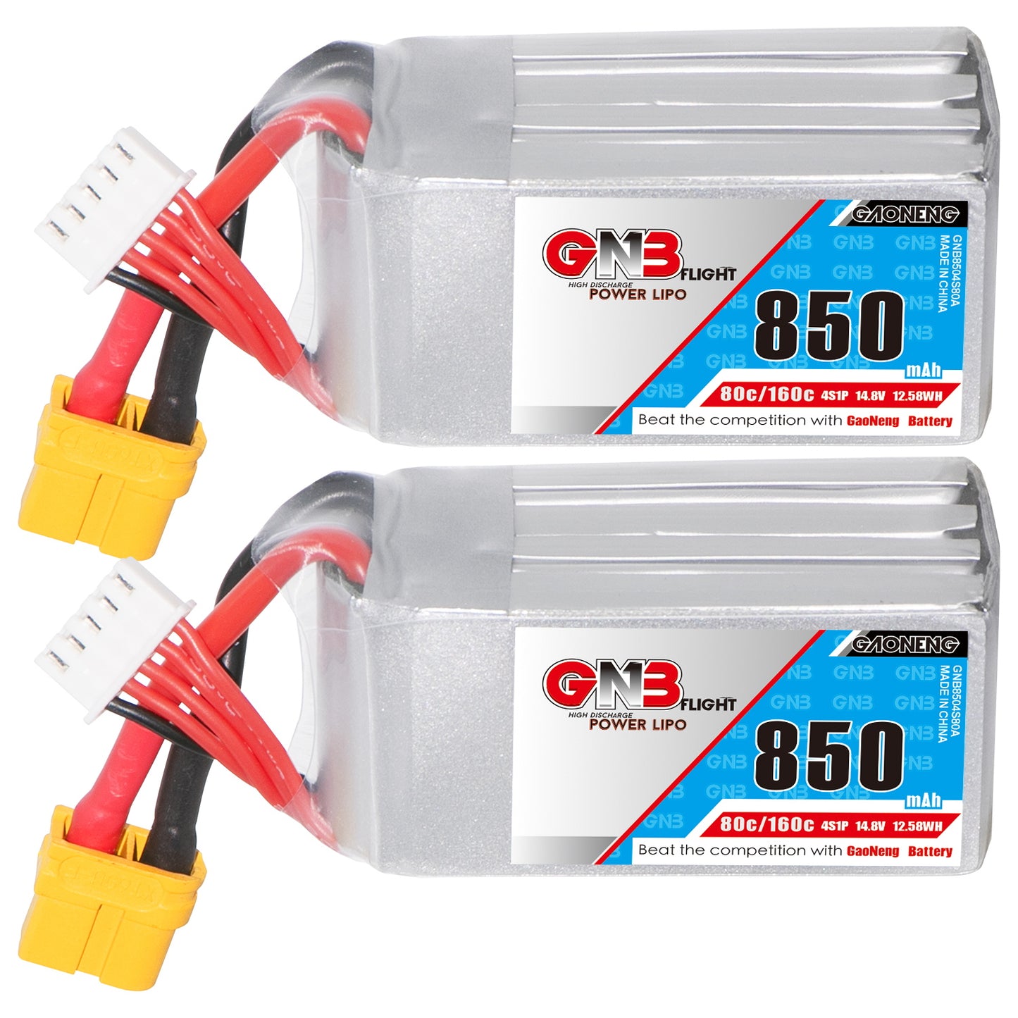 Two GAONENG GNB 850mAh 4S LiPo packs side-by-side with XT60 leads and labels visible