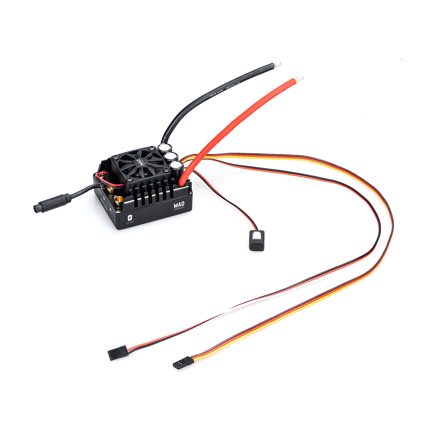 MAD MAX7 200A HV Brushless Sensored ESC, MAD MAX7 sensored brushless ESC with cooling fan, heat-sink housing, and heavy-gauge power and signal leads