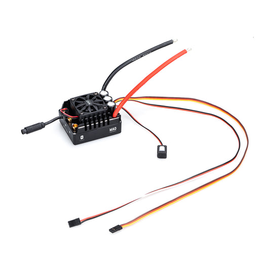 MAD MAX7 200A HV Brushless Sensored ESC, MAD MAX7 sensored brushless ESC with cooling fan, heat-sink housing, and heavy-gauge power and signal leads
