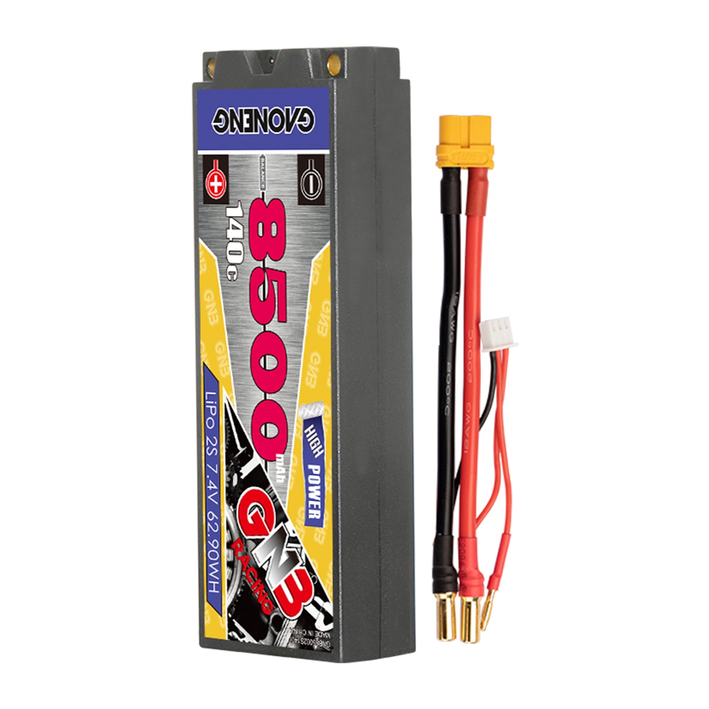 GAONENG GNB 2S 7.4V 8500mAh 140C hard case LiPo battery with 5mm bullet leads