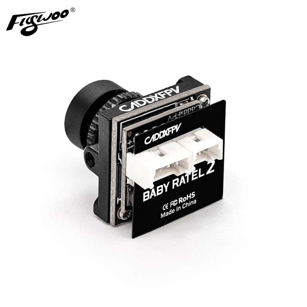 Caddx Baby Ratel 2 FPV camera module with front lens and dual white plug connectors on a compact PCB stack