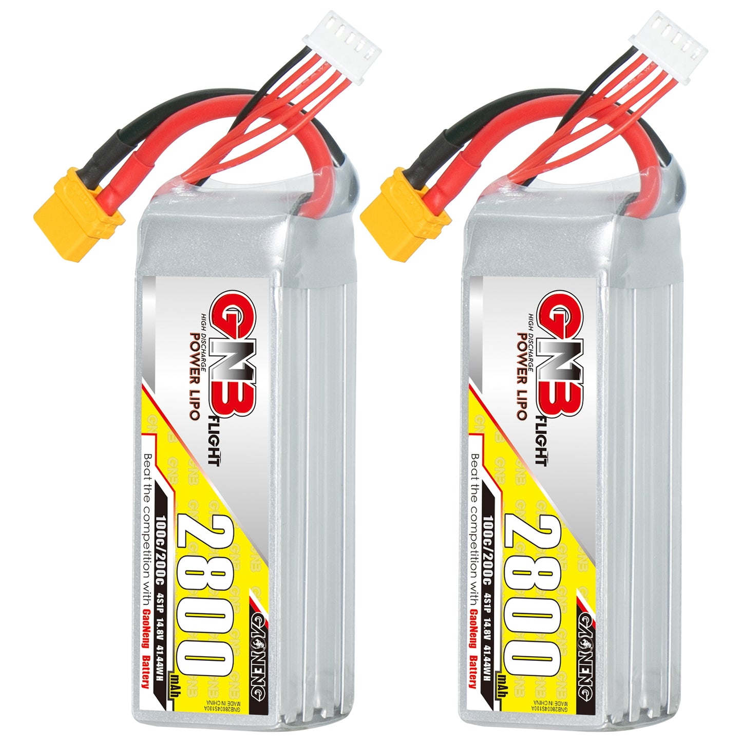 Two GAONENG GNB 2800mAh 4S LiPo batteries shown side by side with XT60 connectors