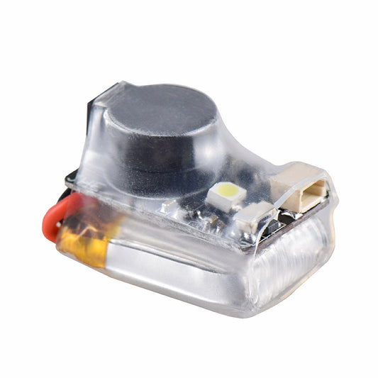 JHEMCU JHE42B Finder BB 110dB buzzer alarm module with LED, angled view in clear heatshrink