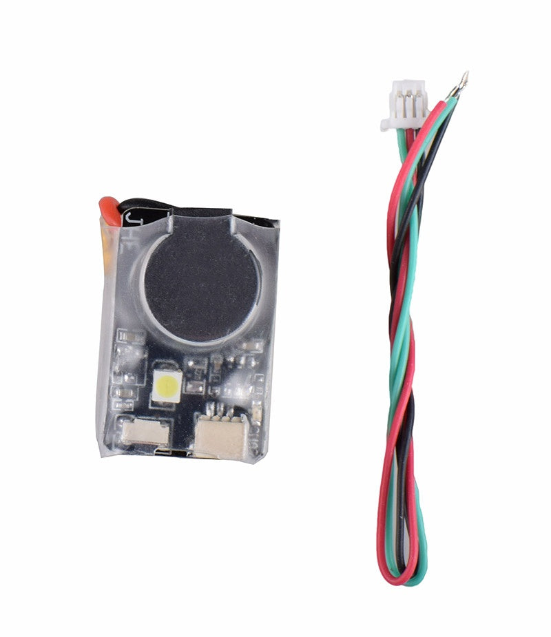Finder BB buzzer module shown with 3-wire JST lead harness for flight controller connection