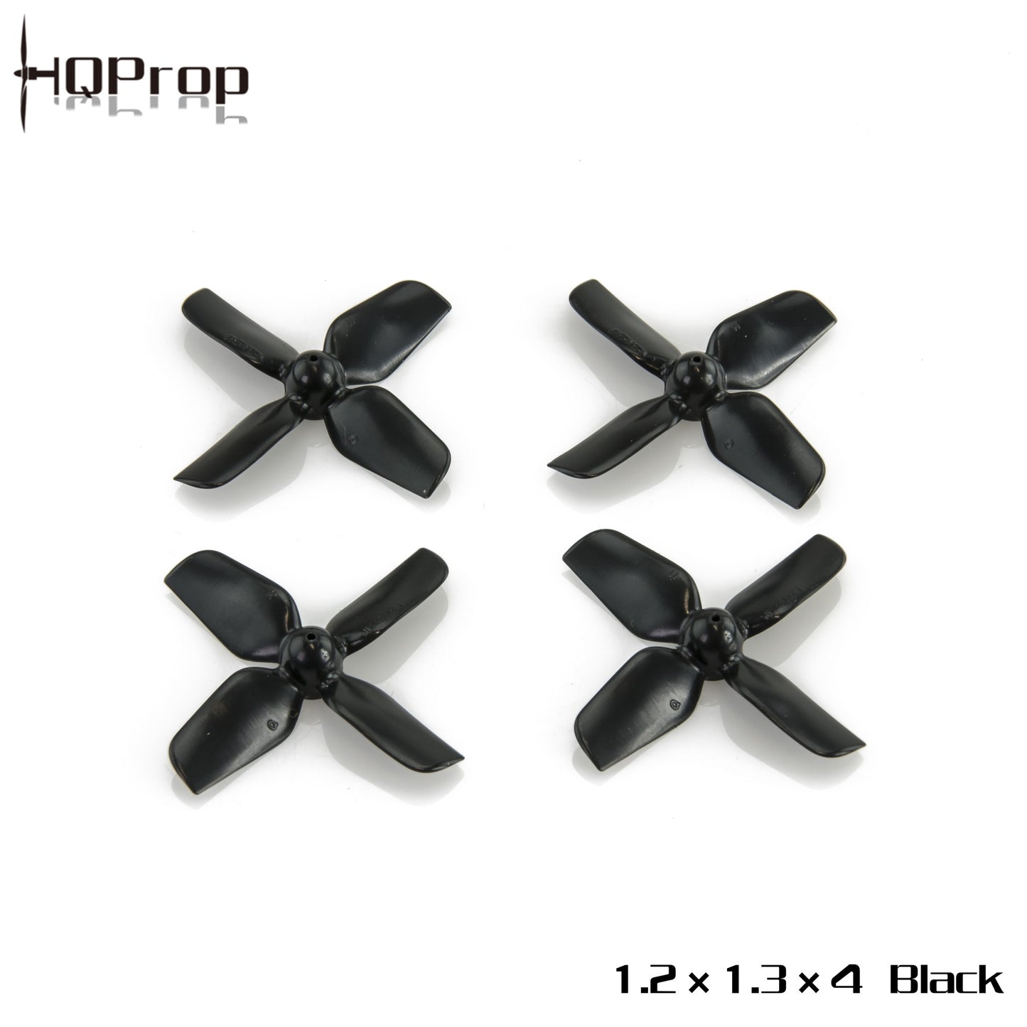 HQProp 1.2x1.3x4 Black micro whoop propellers shown as four 4-blade props on white background
