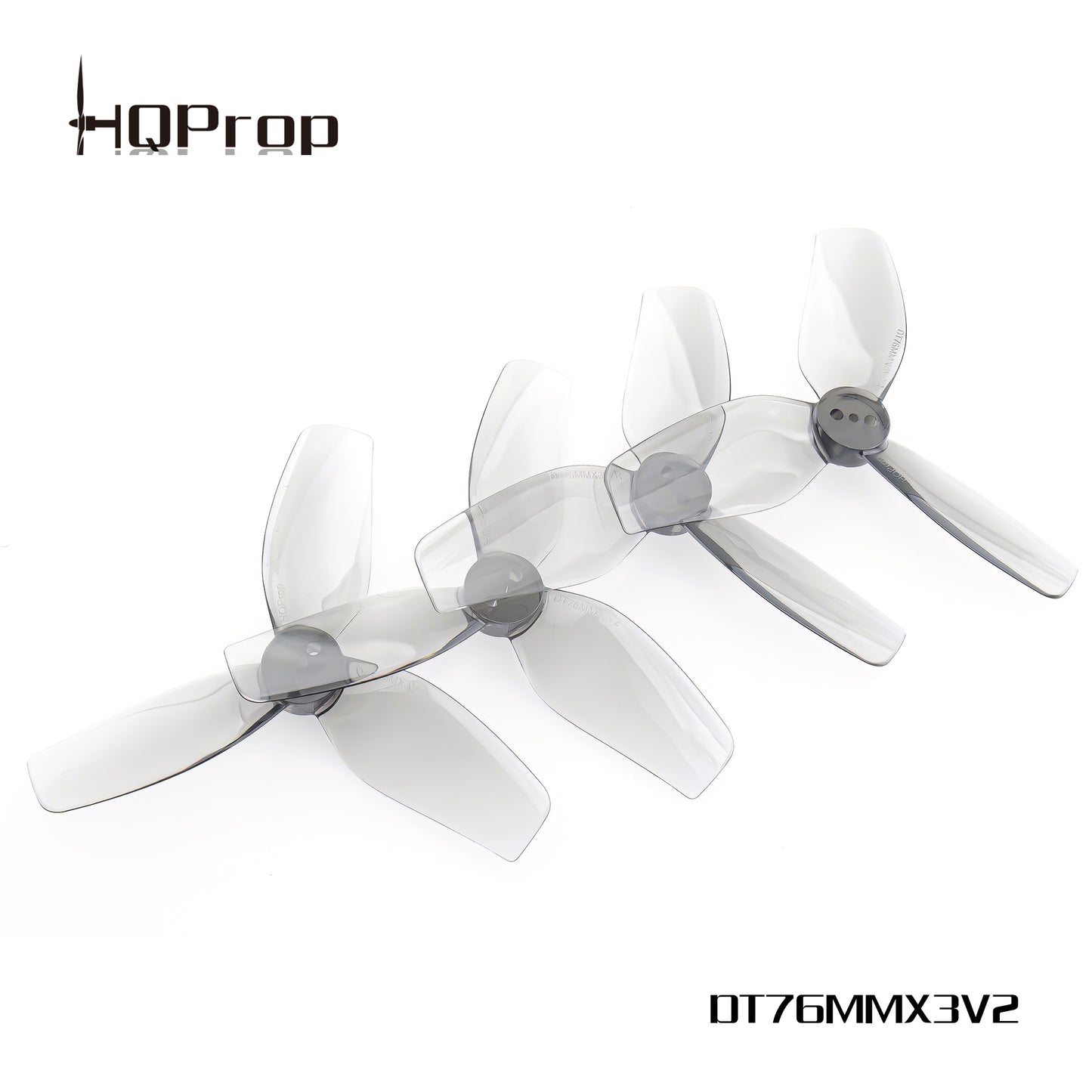 HQProp DT76MMX3 V2 76mm 3-blade cinewhoop prop set, smoke gray props with HQProp logo