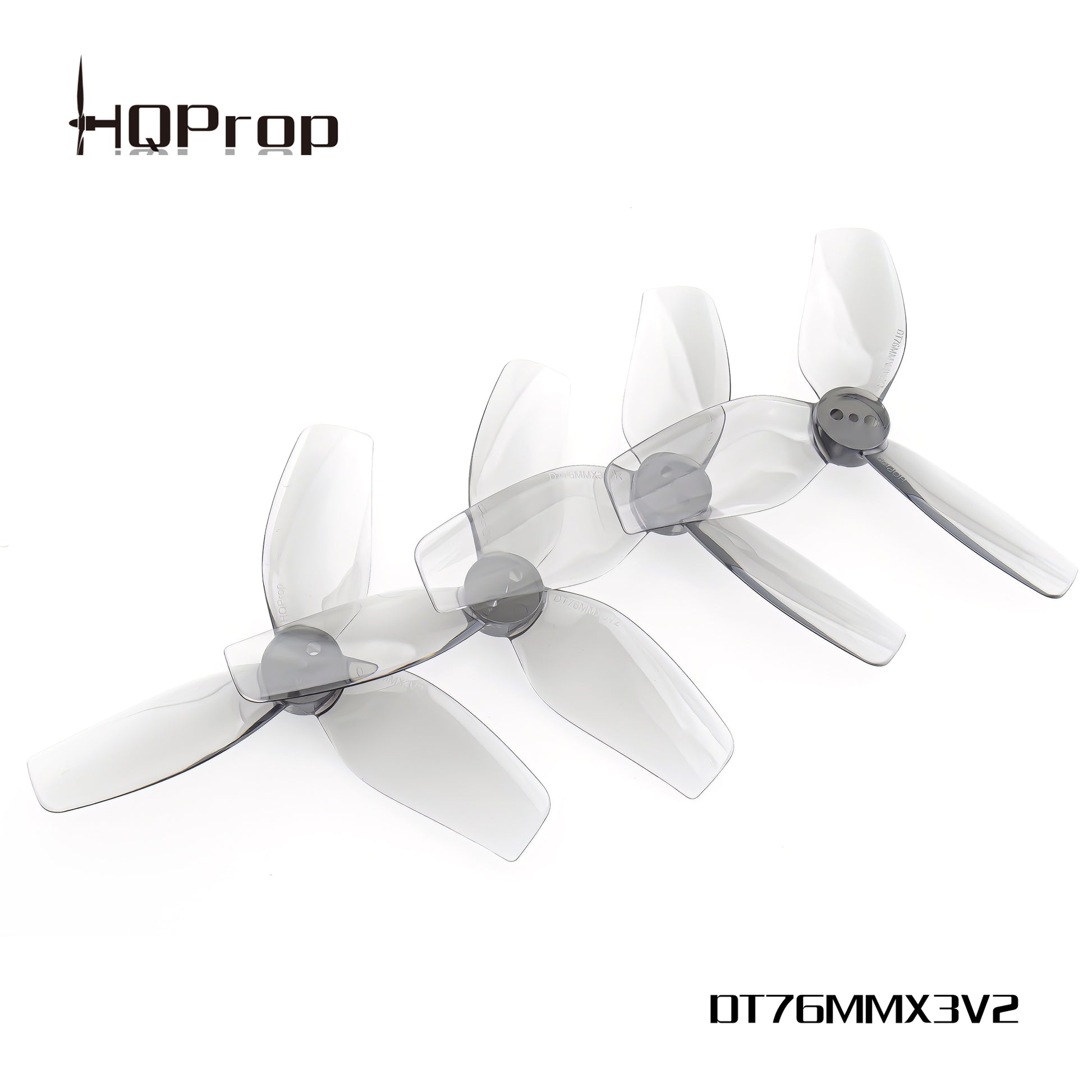 HQProp DT76MMX3 V2 76mm 3-blade cinewhoop prop set, smoke gray props with HQProp logo