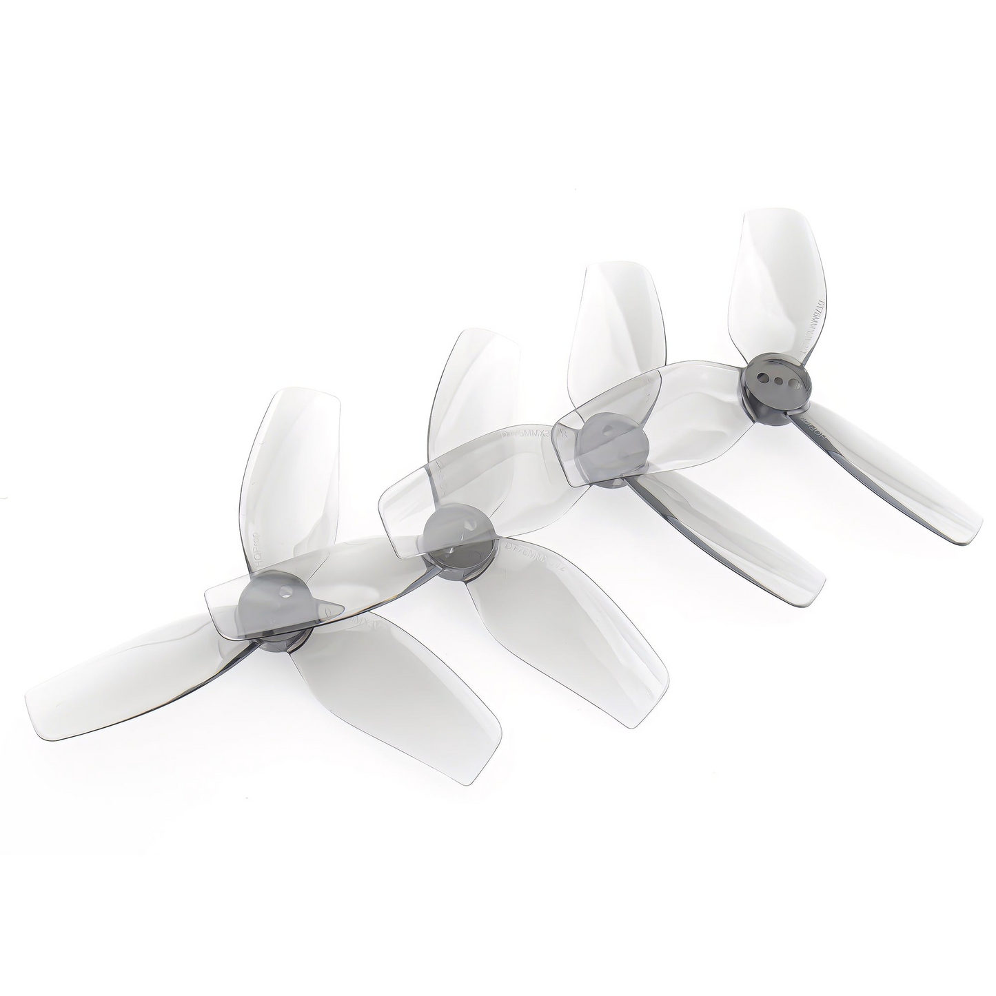 HQProp DT76MMX3 V2 76mm 3-blade polycarbonate cinewhoop propellers in smoke gray, angled view