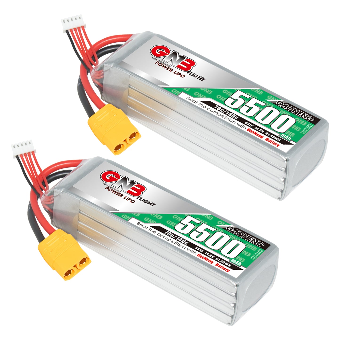 Two GAONENG GNB 5500mAh 4S LiPo batteries shown with XT90 connectors and balance leads