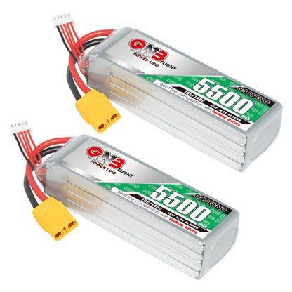 Two GAONENG GNB 5500mAh 4S LiPo batteries shown with XT90 connectors and balance leads