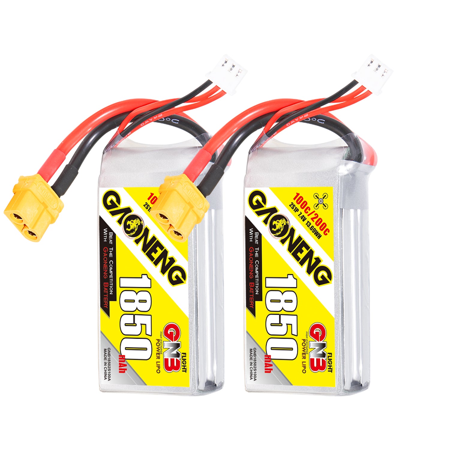 GAONENG GNB 2S 7.4V 1850mAh 100C LiPo Battery pair with yellow XT60 plug and balance lead