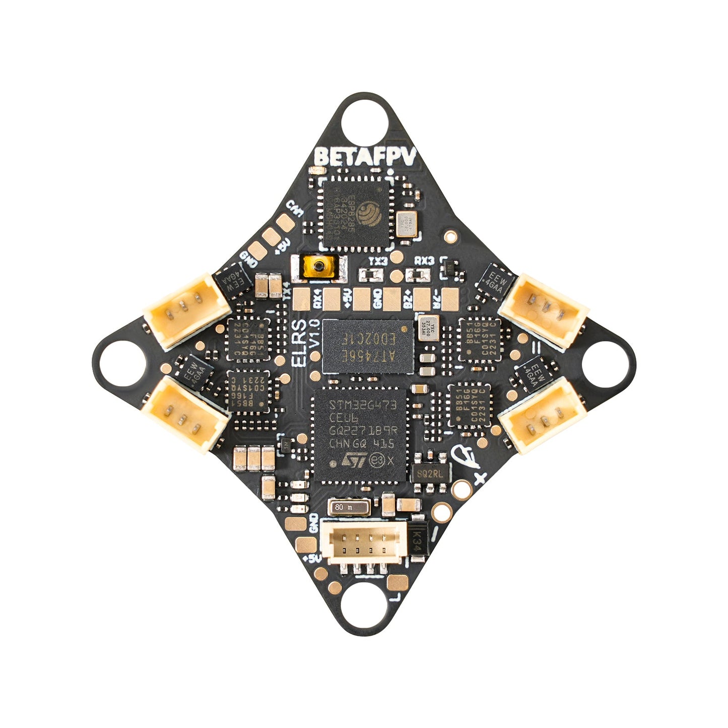 Back side of BetaFPV Matrix 1S flight controller with BETAFPV logo, plug connectors, and labeled pads