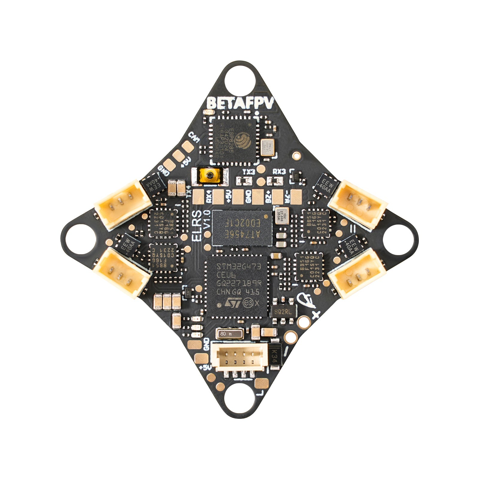 Back side of BetaFPV Matrix 1S flight controller with BETAFPV logo, plug connectors, and labeled pads