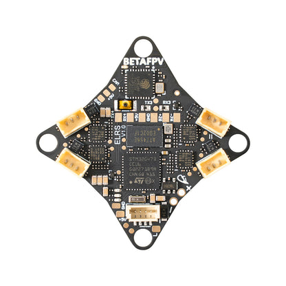 Back side of BetaFPV Matrix 1S flight controller with BETAFPV logo, plug connectors, and labeled pads
