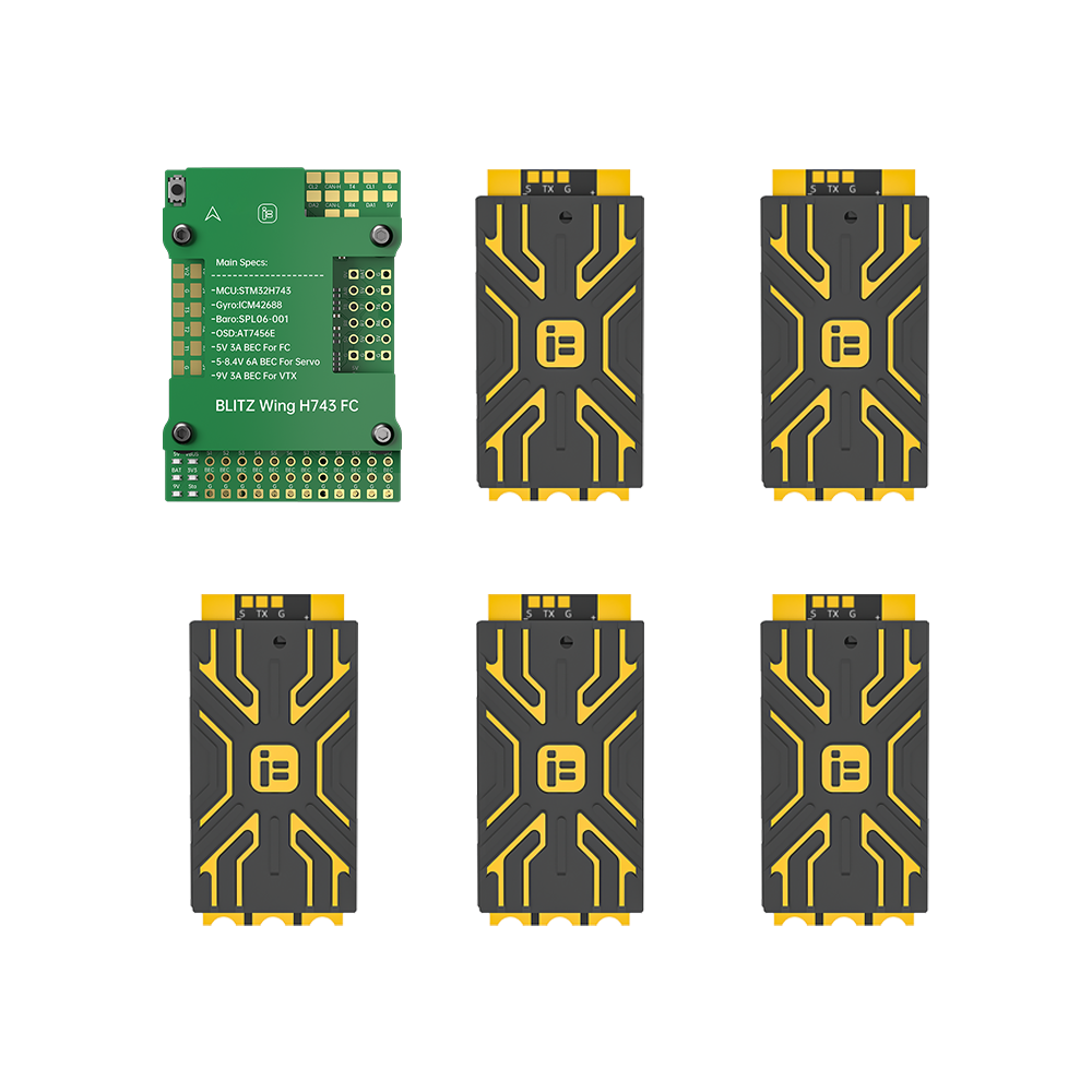 iFlight BLITZ Wing H743 FC board with main specs label alongside five BLITZ ESC modules in black and yellow