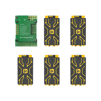 iFlight BLITZ Wing H743 FC board with main specs label alongside five BLITZ ESC modules in black and yellow