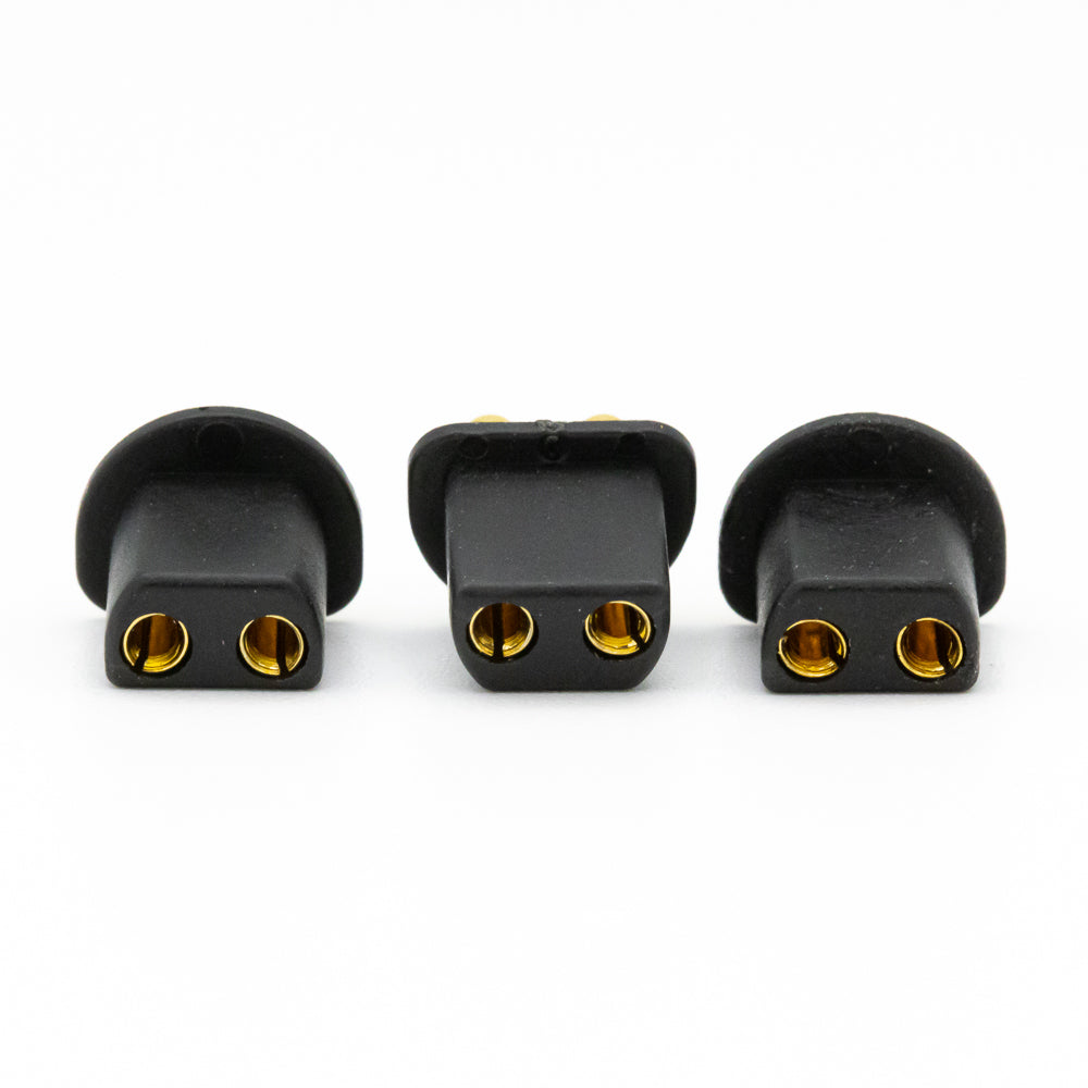 Three EM2.0 female power connectors with dual gold sockets, front view on white background