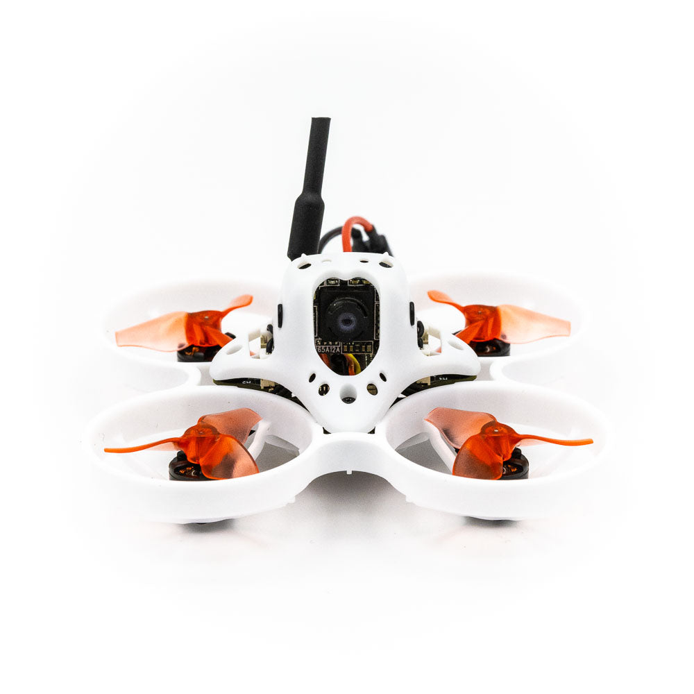 EMAX Tinyhawk Nanoscout 65mm FPV micro drone front view with white ducted frame and orange props