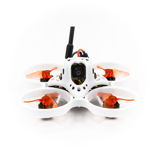 EMAX Tinyhawk Nanoscout 65mm FPV micro drone front view with white ducted frame and orange props