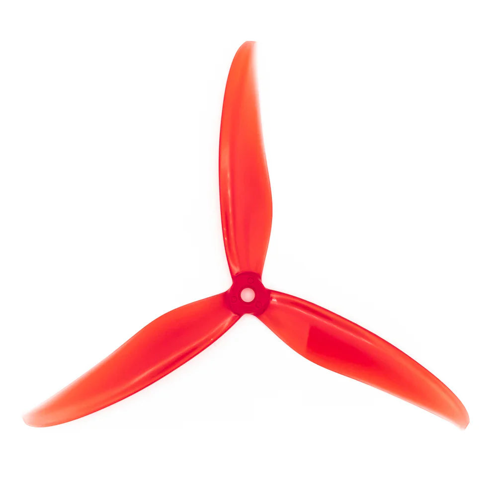 Top view of single red translucent 7035 tri-blade propeller with center mounting hole