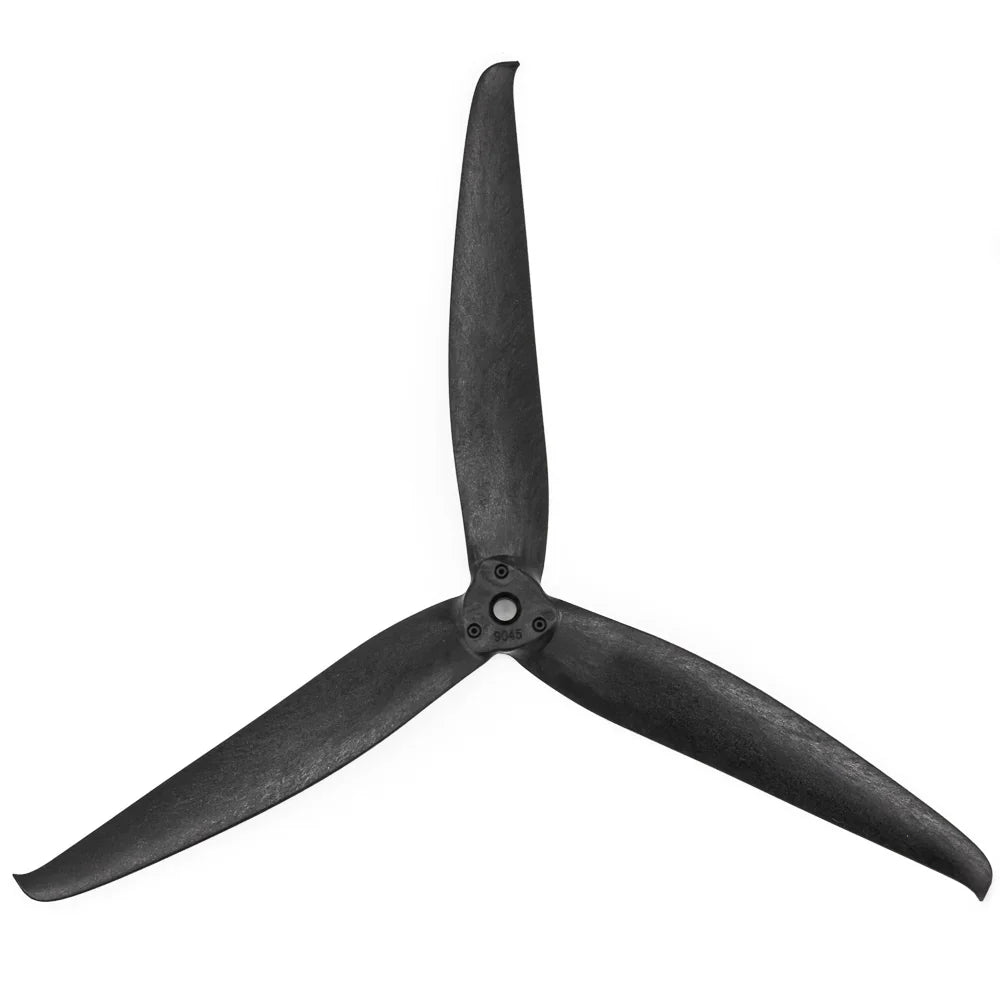 Emax AVIA9045 9045-3 9in 3-blade FPV propeller, full top view with hub and mounting holes