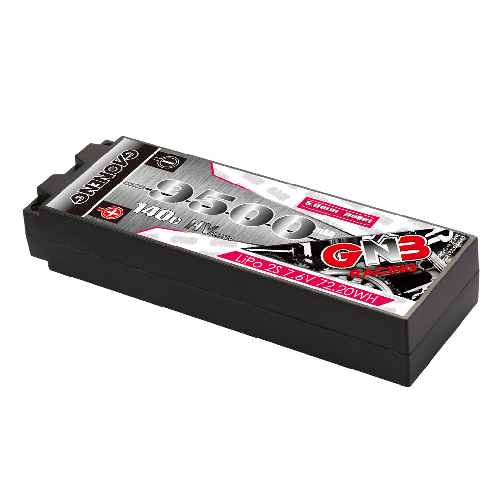 Angled view of GNB 9500 hard case LiPo battery pack showing low-profile rectangular case