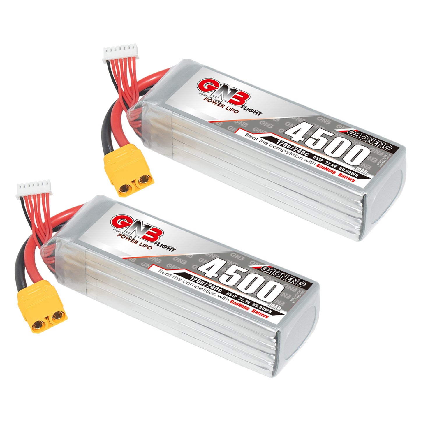 Two GNB 4500mAh LiPo packs shown at angle with yellow XT90 connectors and balance leads