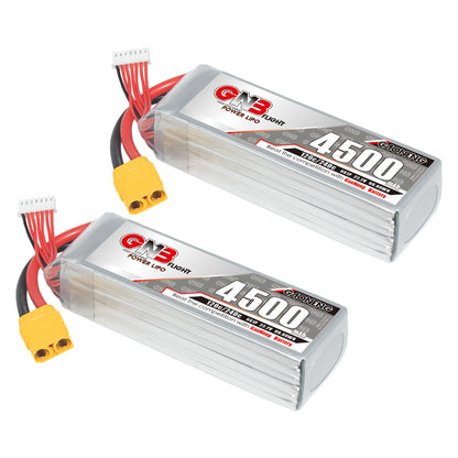Two GNB 4500mAh LiPo packs shown at angle with yellow XT90 connectors and balance leads