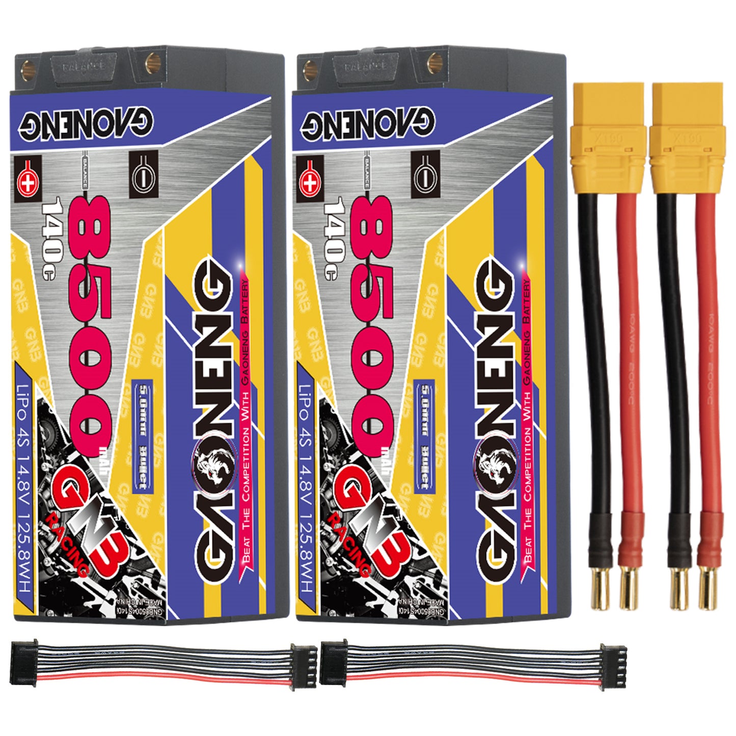 Two-pack GAONENG GNB 4S 8500mAh hard case LiPo batteries with yellow main plugs and balance leads