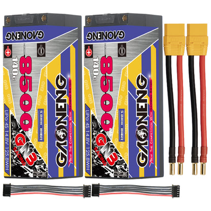 Two-pack GAONENG GNB 4S 8500mAh hard case LiPo batteries with yellow main plugs and balance leads