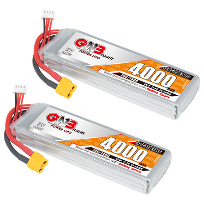 Two GAONENG GNB 4000mAh LiHV LiPo batteries shown angled, silver pack with yellow XT60 connector
