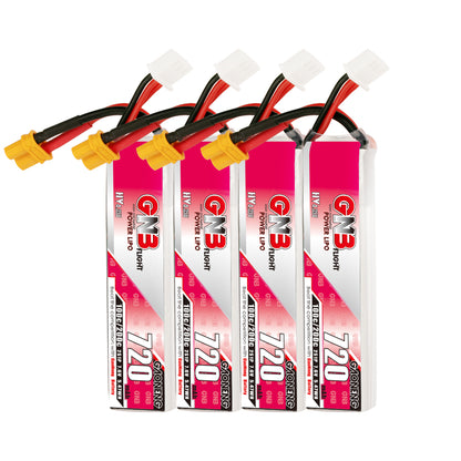 GNB LiHV 2S 7.6V 720mAh 100C XT30 LiPo battery pack set of four, white balance leads