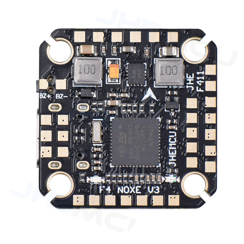 JHEMCU F4 NOXE V3 flight controller, top-down view showing F4 NOXE V3 label, pads, and four mounting holes