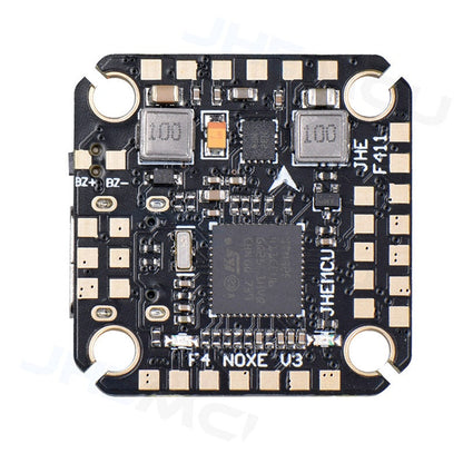 JHEMCU F4 NOXE V3 flight controller, top-down view showing F4 NOXE V3 label, pads, and four mounting holes