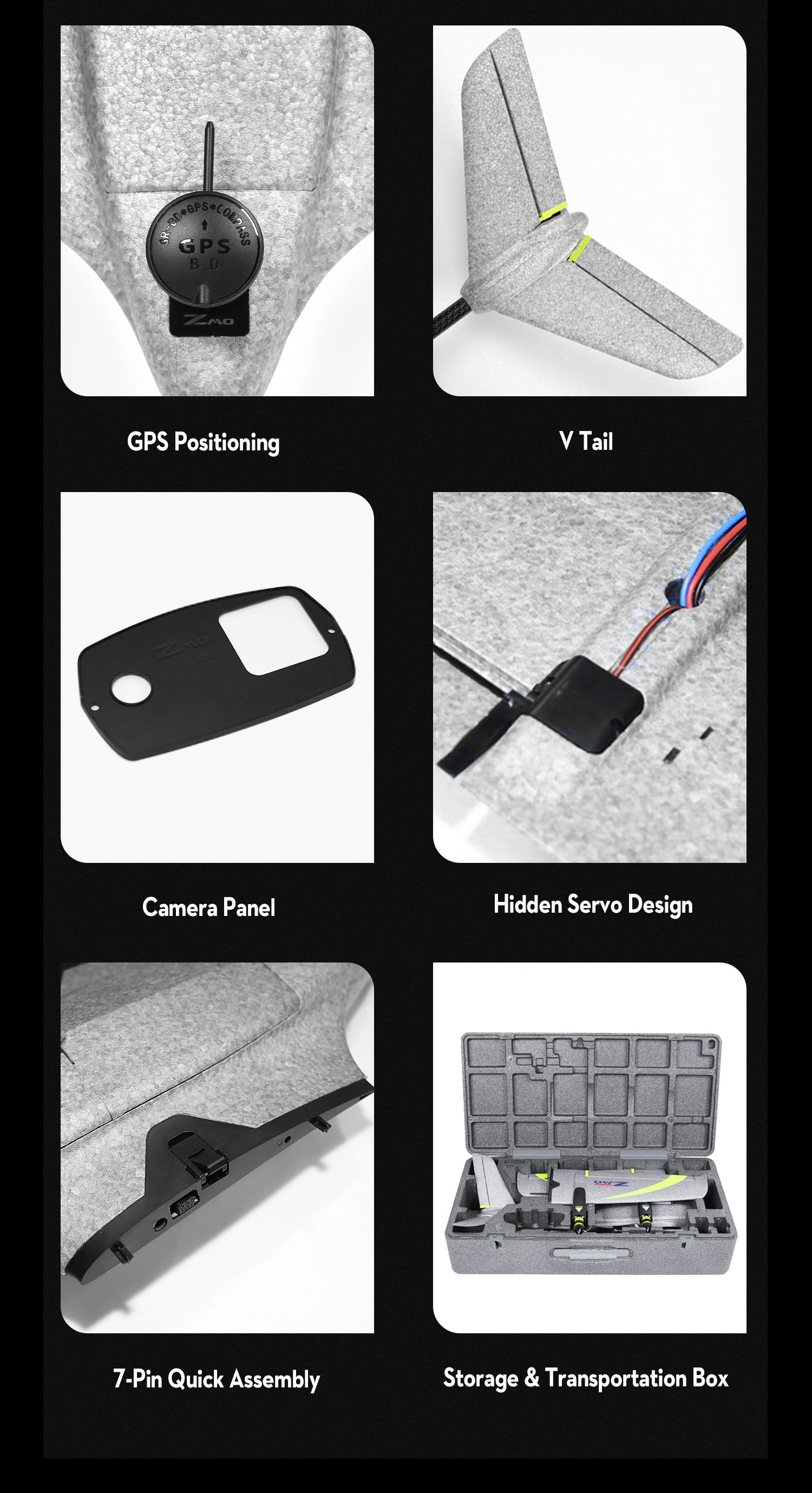 OMPHOBBY ZMO PRO VTOL FPV Aircraft, Quadcopter with GPS, vertical takeoff, and easy assembly, includes carrying case.