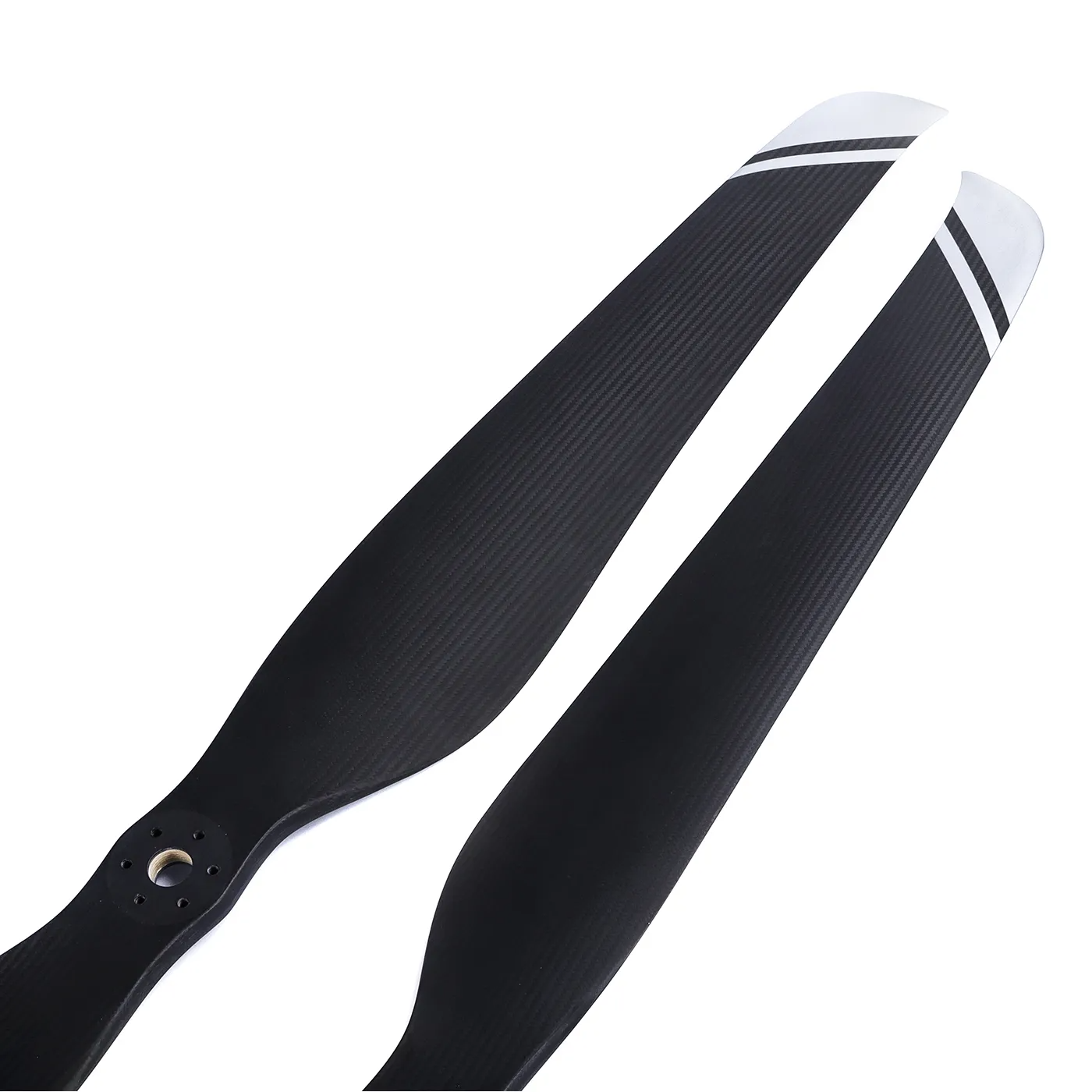 MAD FLUXER CB2 64x20 carbon fiber propeller with black blades, two white tip stripes, and center hub holes