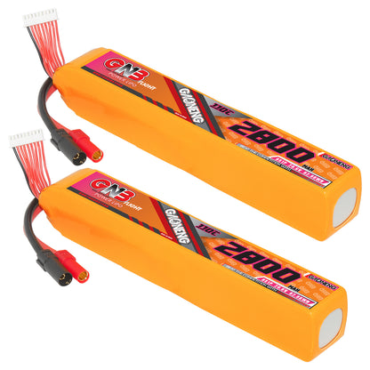 Two GAONENG GNB 2800mAh 110C LiPo battery packs shown together with XT150 connectors and balance leads