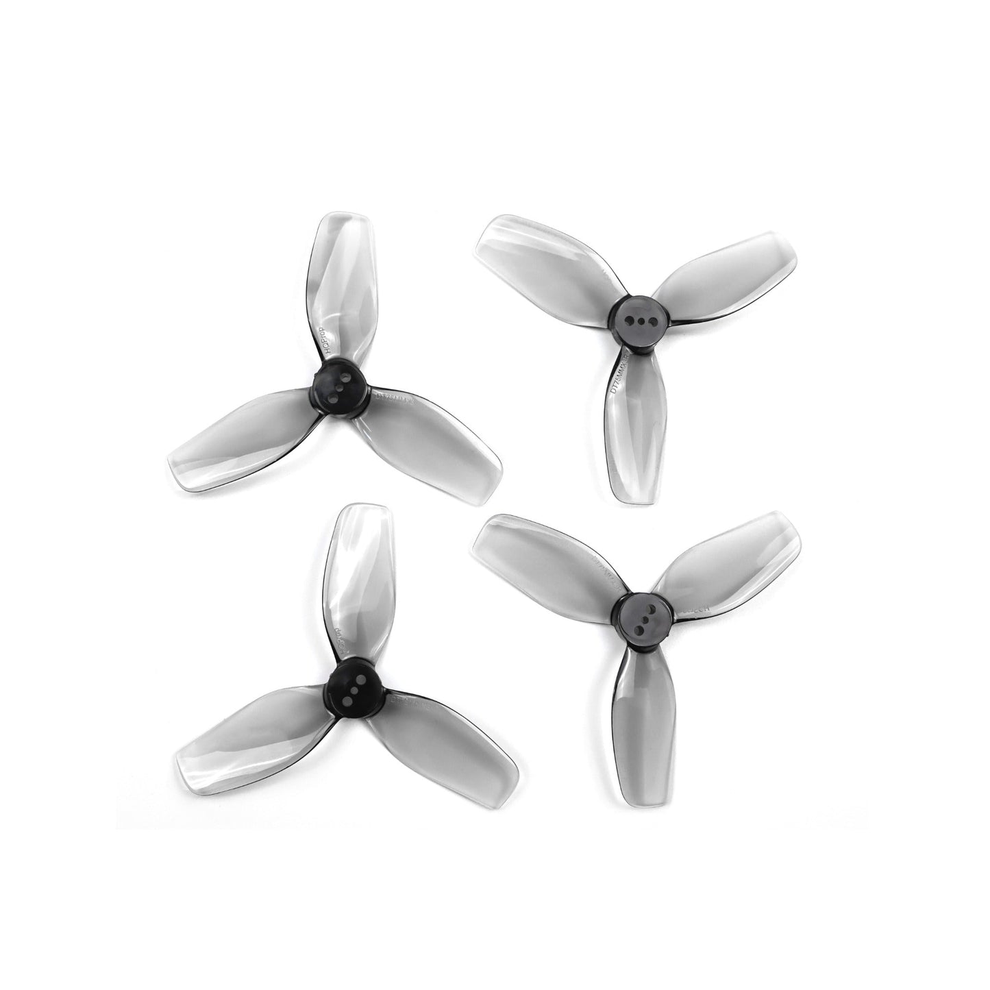 HQProp DT75MMX3 75MM 3-blade cinewhoop propeller set, grey tri-blades on white background
