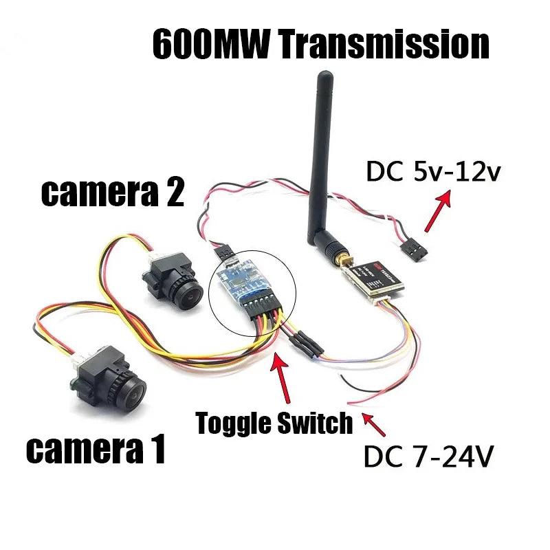 5.8G 3 Channel Video Switcher, Camera with 2 toggles, accepting DC power from 7-24V for flexible use.