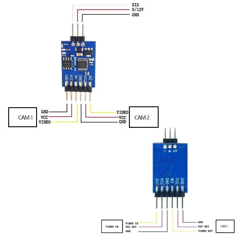 5.8G 3 Channel Video Switcher, A 5.8G video switcher with 3 channels connects GND to 382383 GND, VCC to -VCC, and CAM2 to 883883 GND.